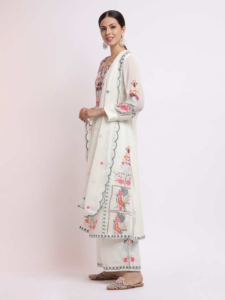 White Thread Embroidered Georgette Kurta Set With Dupatta – Jaipur Kurti White Thread Embroidered Georgette Kurta Set With Dupatta – Jaipur Kurti