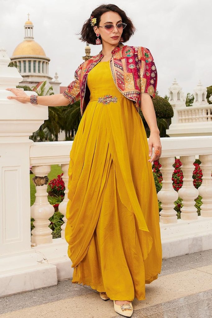 Mustard Yellow Chinon Silk Indowestern Dress With Brocade Silk Jacket Online Mustard Yellow Chinon Silk Indowestern Dress With Brocade Silk Jacket Online
